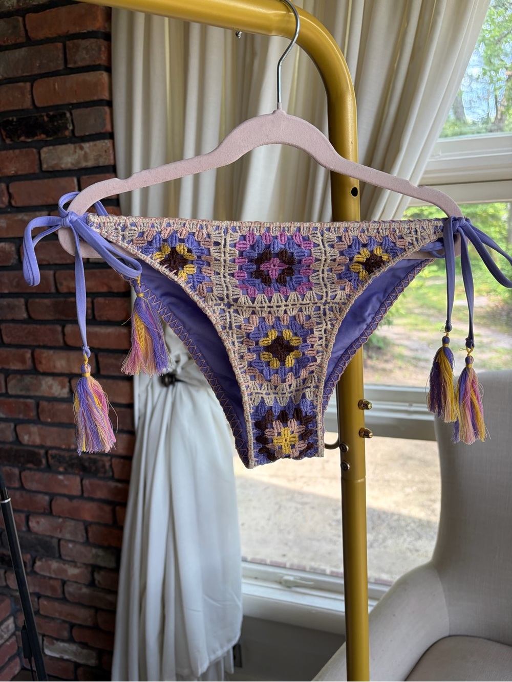 Crochet Tie-Side Bikini Bottom in Lavender and Cream